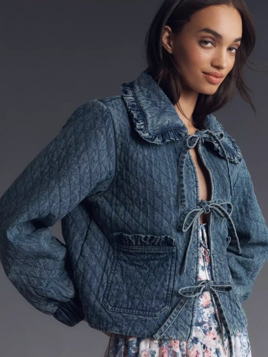 Avec Les Filles Jackets & Blazers - The Maura Bow-Tie Denim Jacket by Avec Les Filles Quilted Cotton Women's Size XL